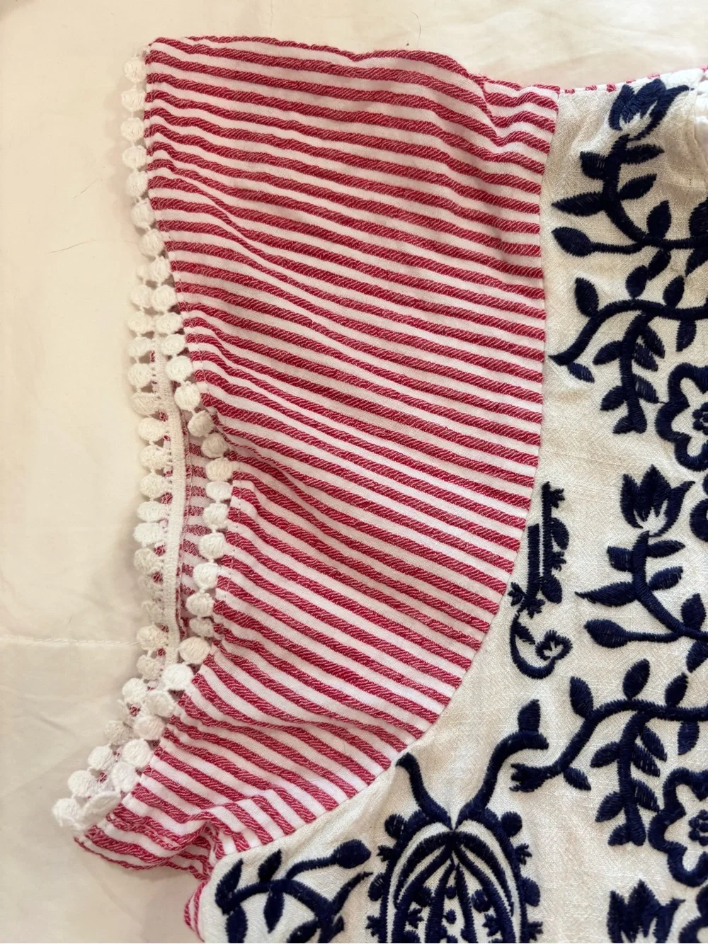 THML Sz S Top Cotton Linen Red White Striped Floral Embroidered Boho Cottagecore - Picture 6 of 10